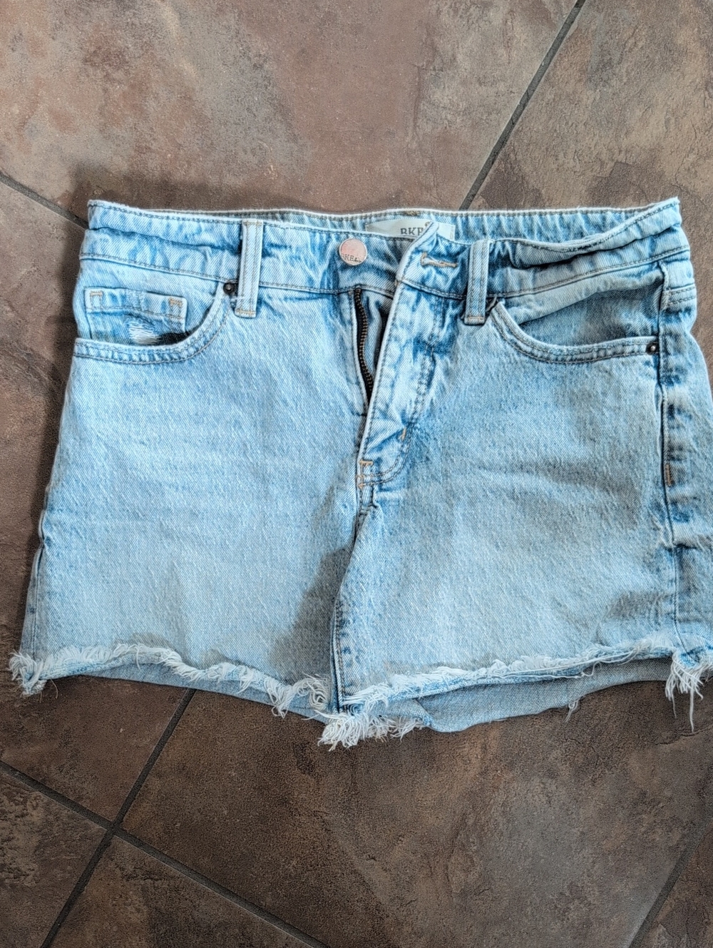 BKE Light Blue Denim Shorts with Tan Leather Patch